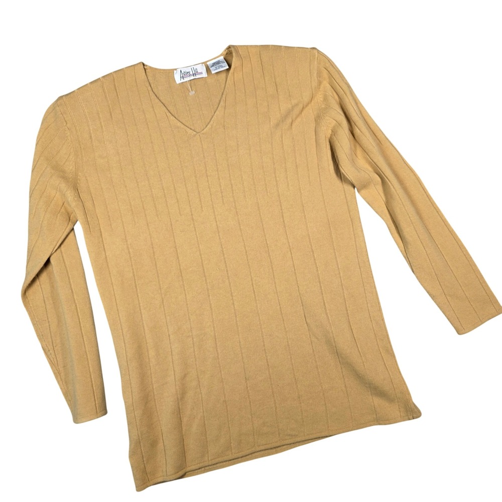 Vintage Ashley Hill V-Neck Sweater Gold Yellow Ribbed Long Sleeve Knit Medium